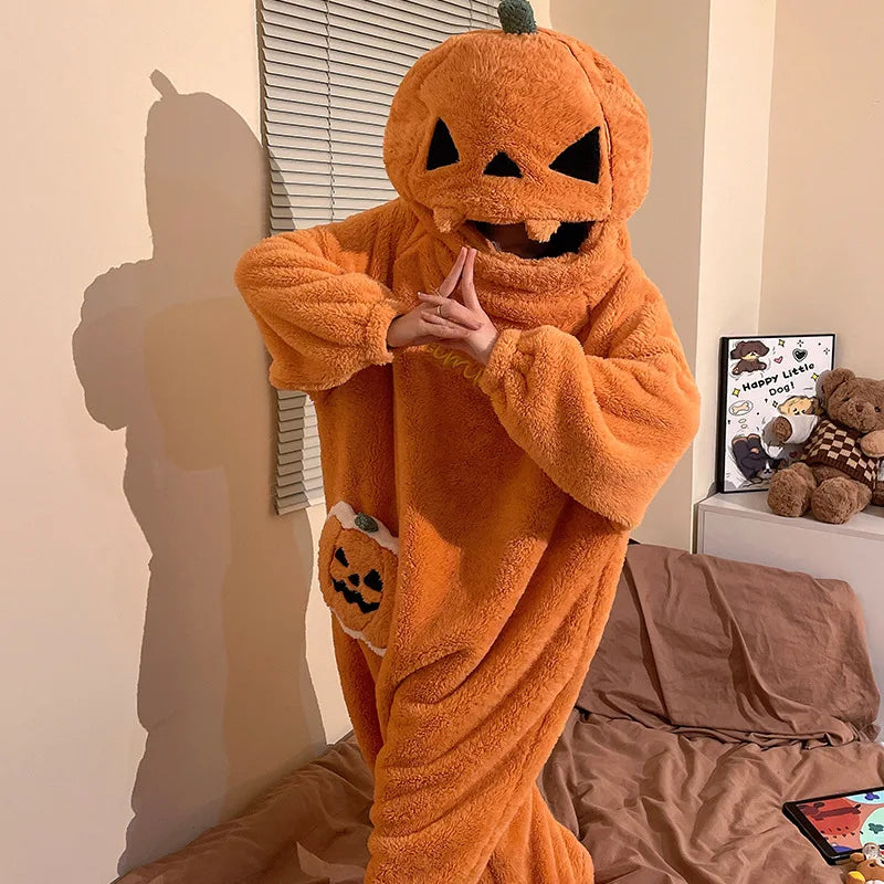 PlushKin™ Pumpkin Onesie — Cozy Coral Fleece Loungewear